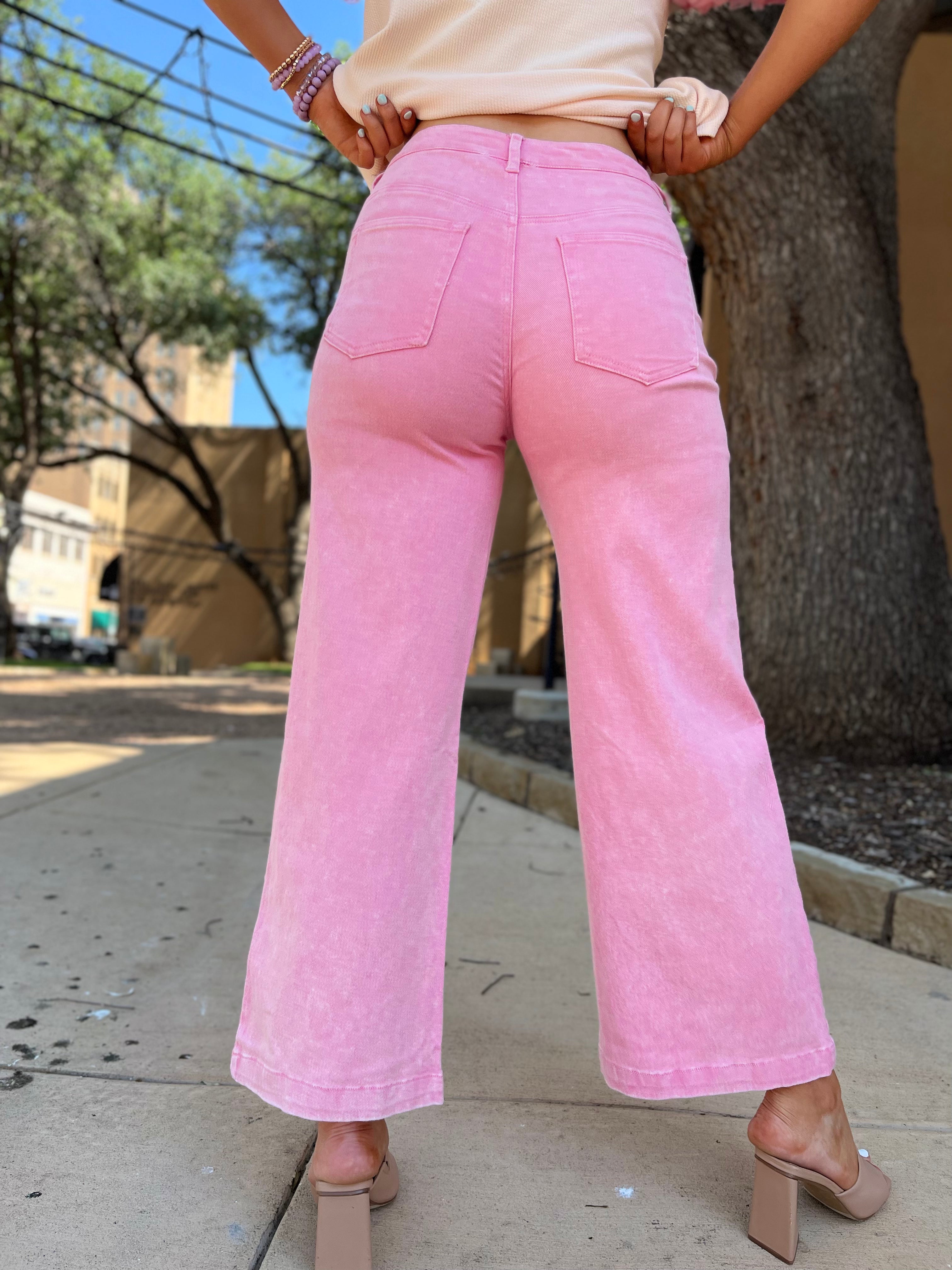 Acid Wash High Waisted Pants - Pink