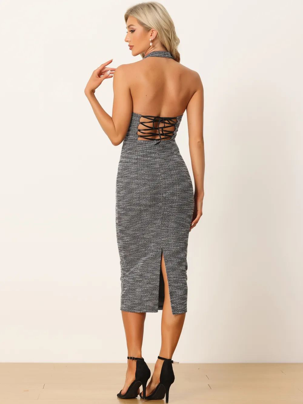 Allegra K- Tweed Halter Neck Backless Plaid Dress