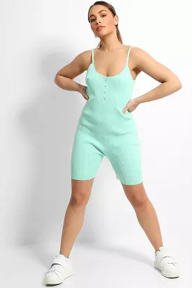 Aqua Soft Rib Knit Button Details Cami Romper