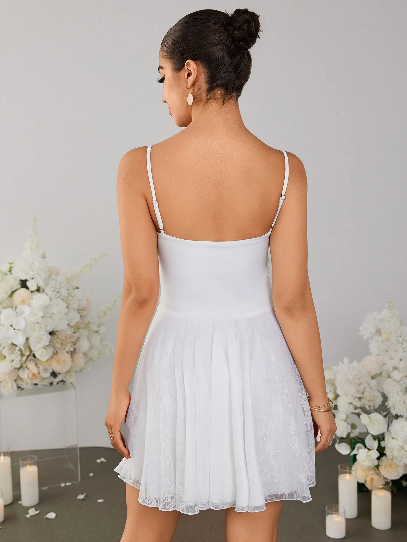 Backless Satin Patchwork Lace Hem Cami Dress