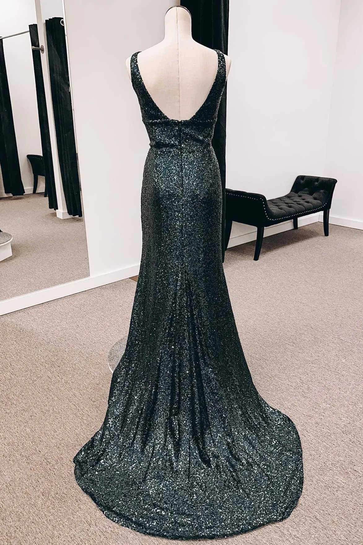 Black Sequin Square Neck Backless Mermaid Long Formal Dress with Slit