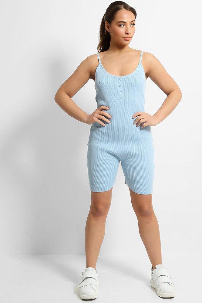 Blue Soft Rib Knit Button Details Cami Romper