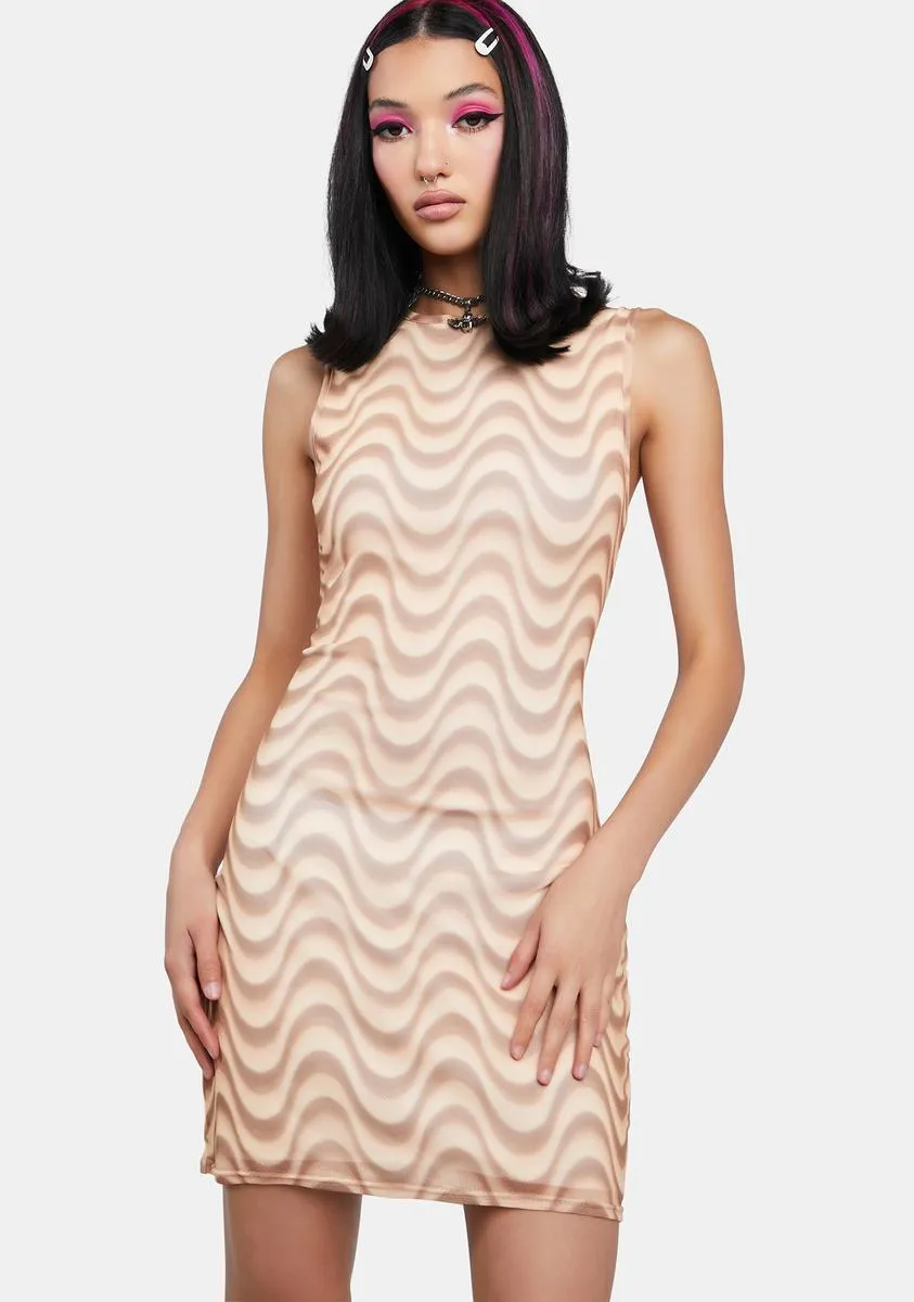 Brown Wave Print Mesh Backless Dress-