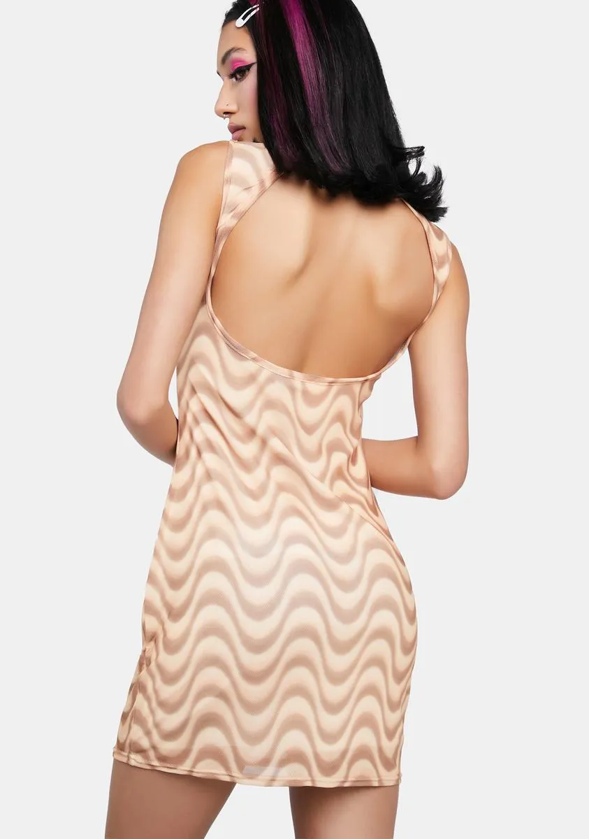 Brown Wave Print Mesh Backless Dress-