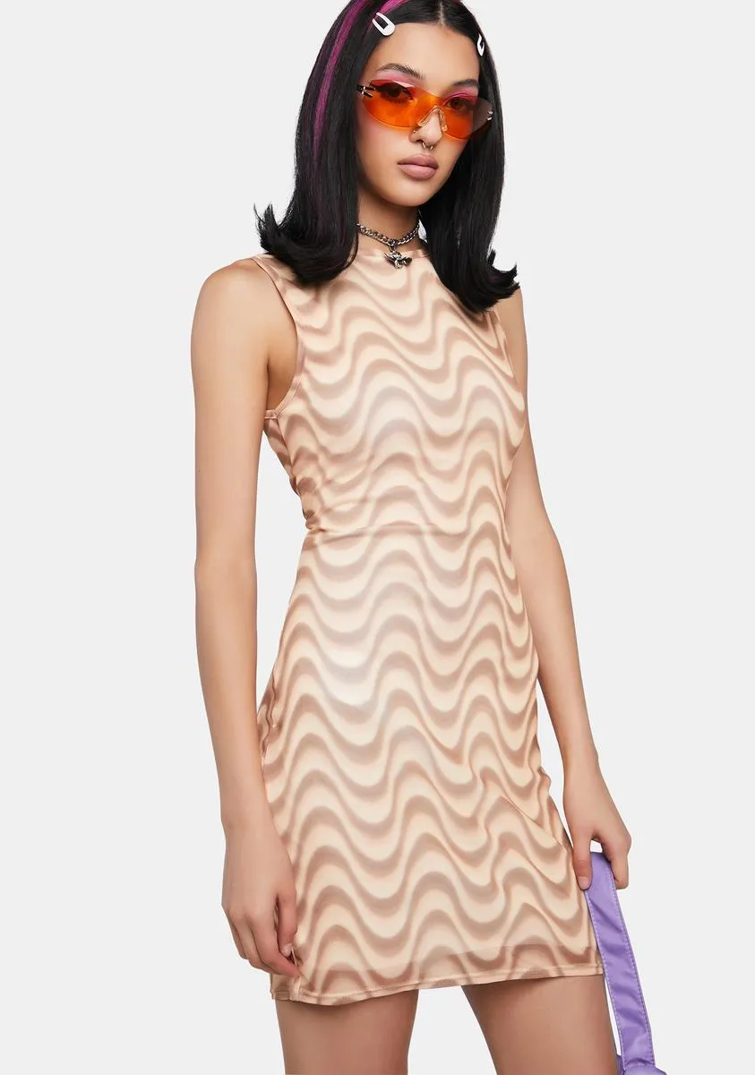 Brown Wave Print Mesh Backless Dress-