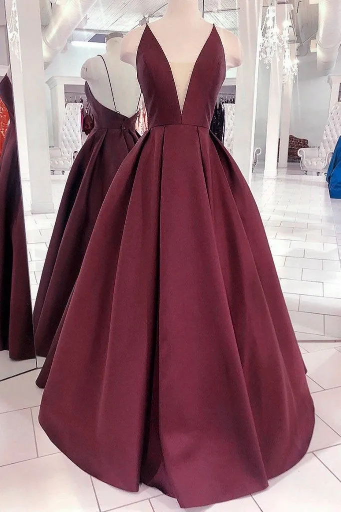 Burgundy V Neck Backles Satin Long Prom Dress, Backless Dark Red Formal Dress