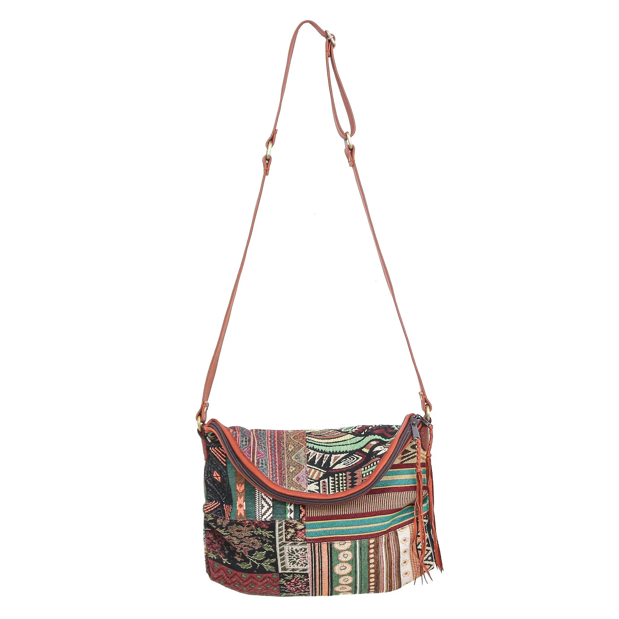 Casual Lanna in Green Leather Accented Cotton Sling Bag from Thailand