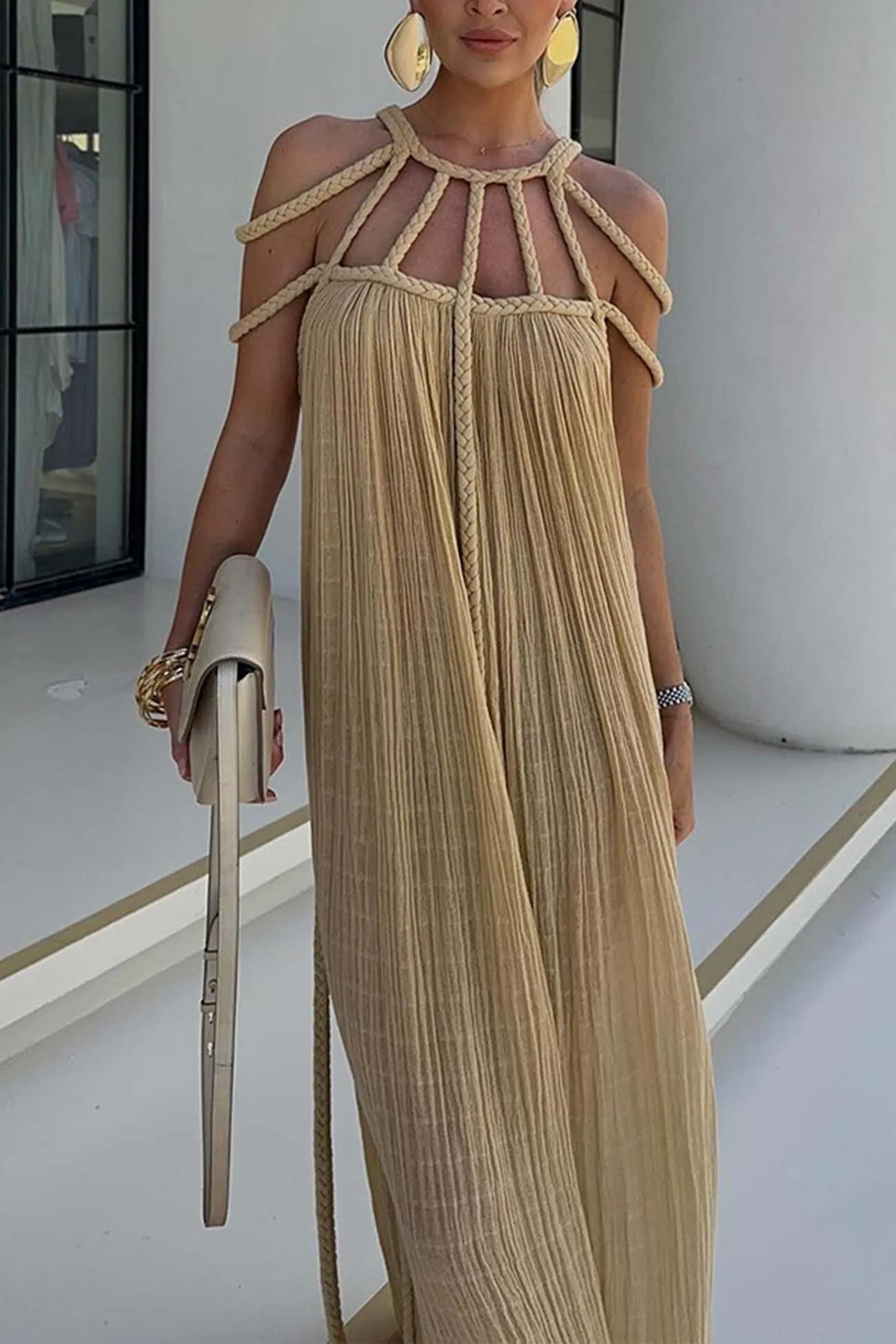 Draped Woven Halterneck Backless Maxi Dress