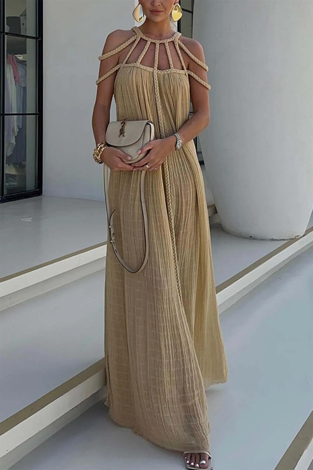 Draped Woven Halterneck Backless Maxi Dress