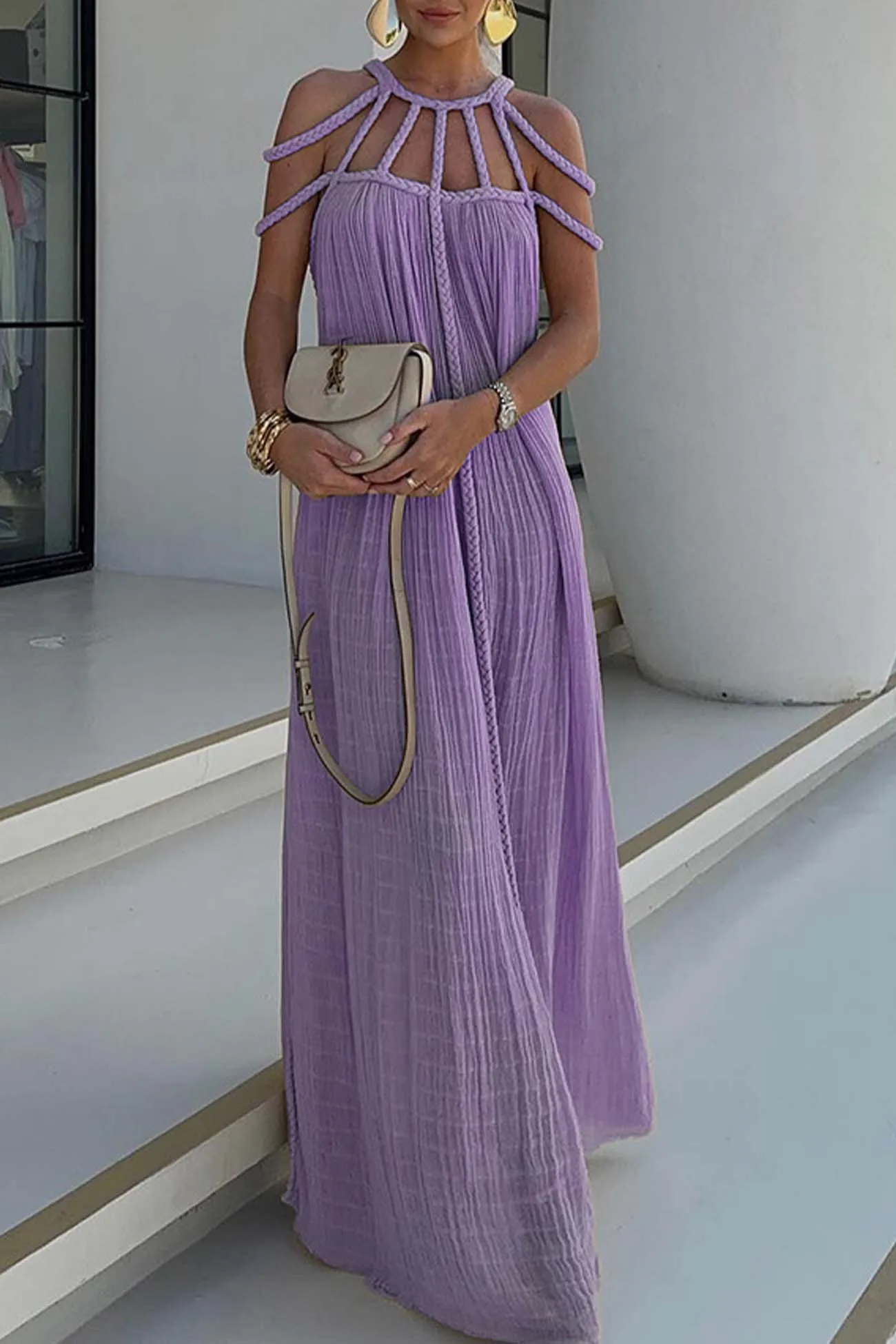 Draped Woven Halterneck Backless Maxi Dress