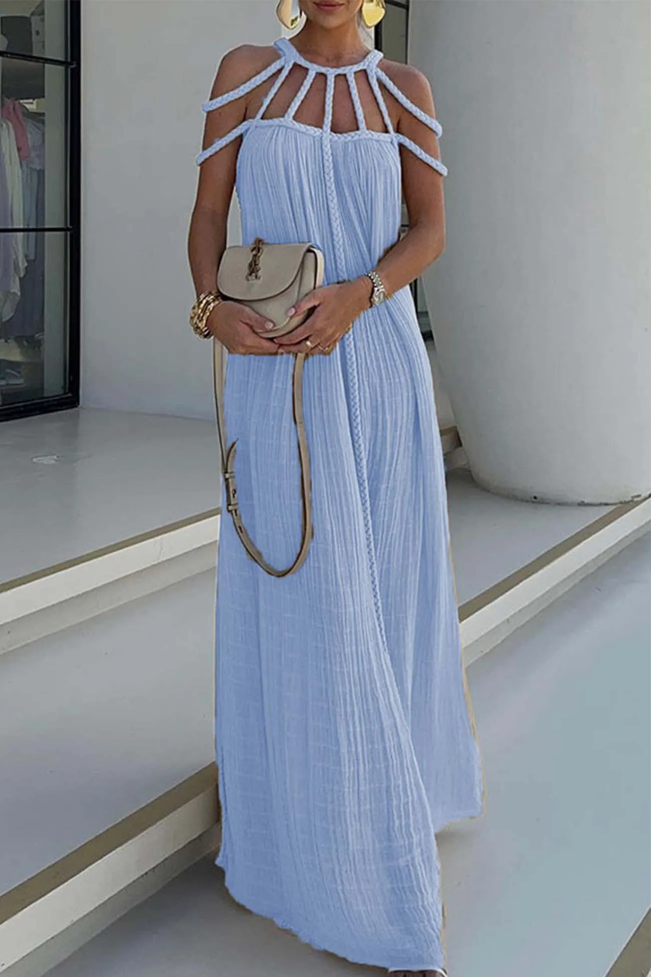 Draped Woven Halterneck Backless Maxi Dress