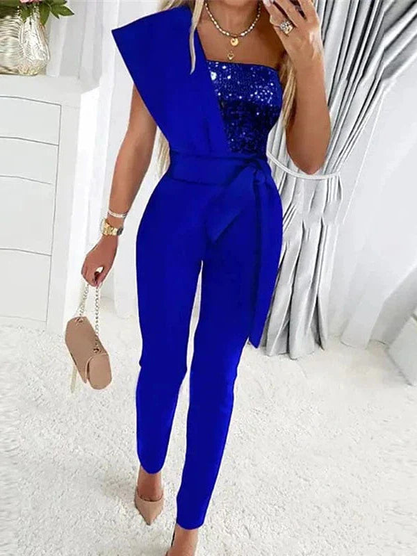 Elegant One Shoulder Sequin Jumpsuit for Women - Black Blue Gold