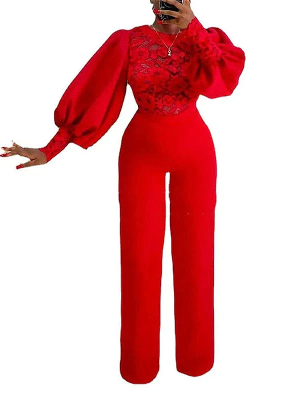 Elegant Red Lace Jumpsuit with Bishop Sleeves for Women