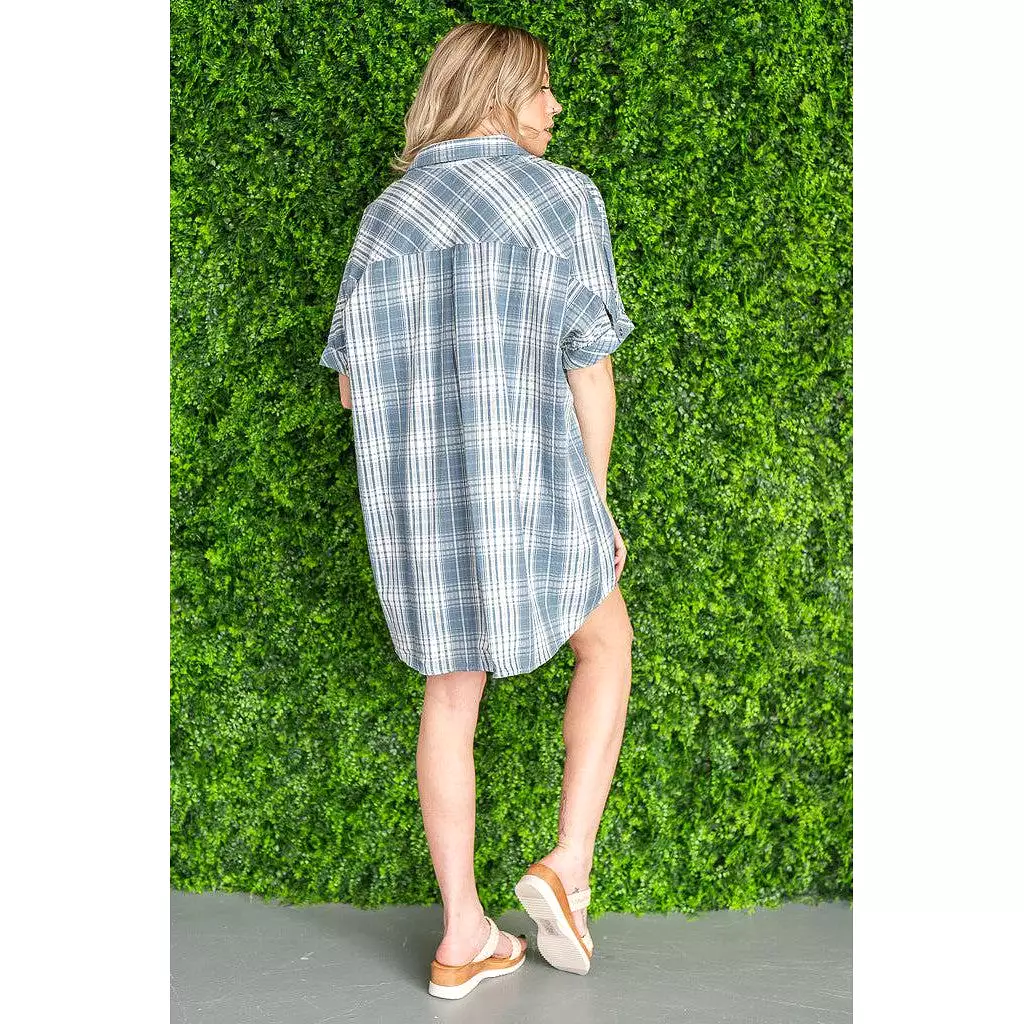 Entro Chambray Plaid Button Dress (S-2X)