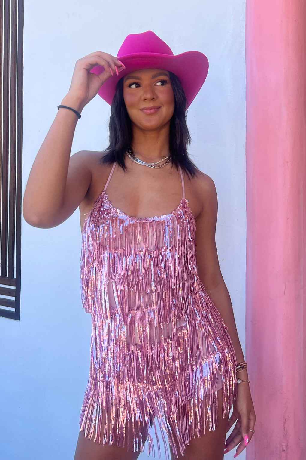 Eras Fringe Sequin Romper - Light Pink