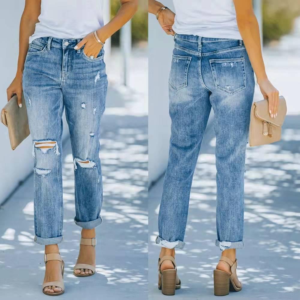 Europe American Trend Ripped Jeans Trousers Blue