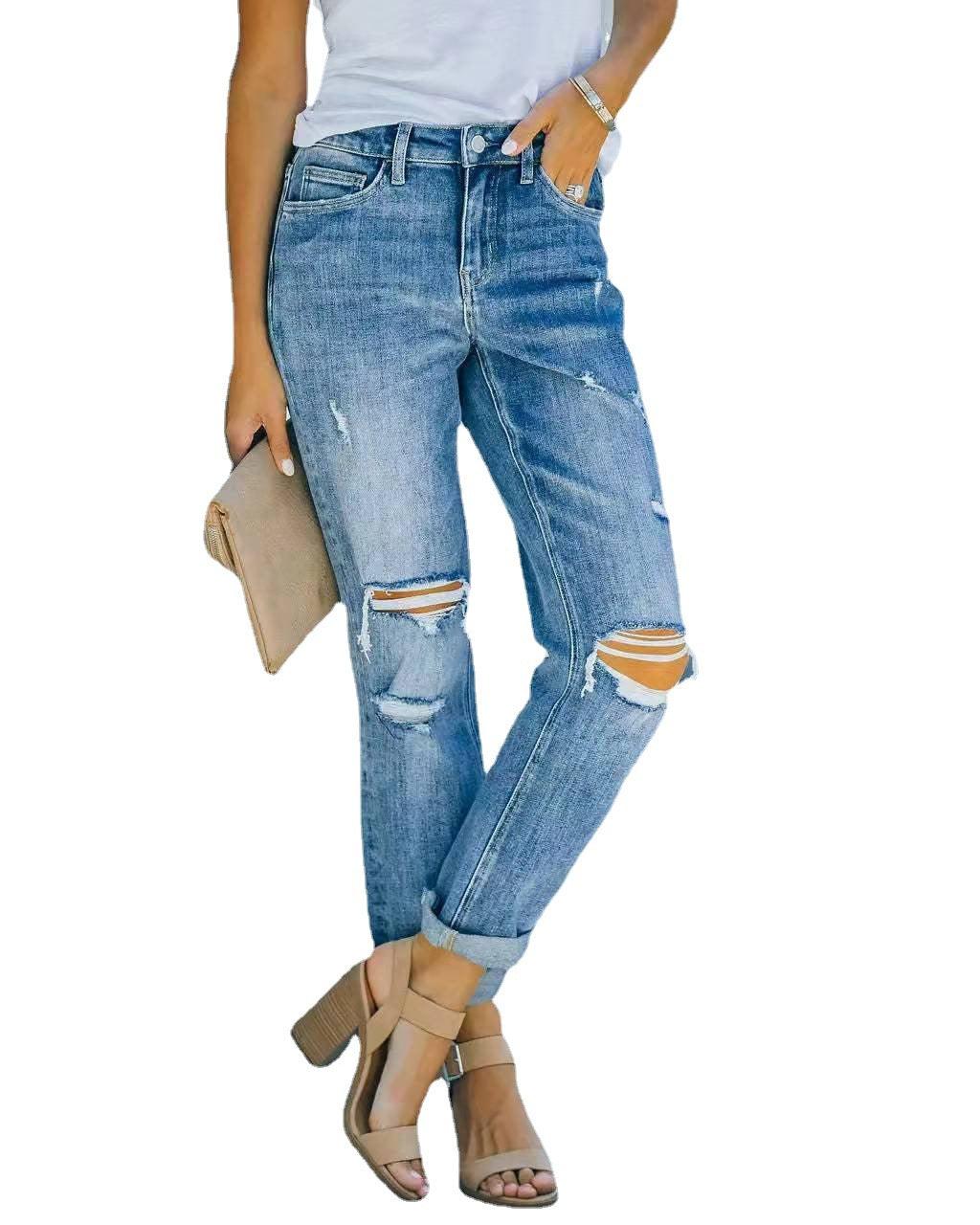 Europe American Trend Ripped Jeans Trousers Blue