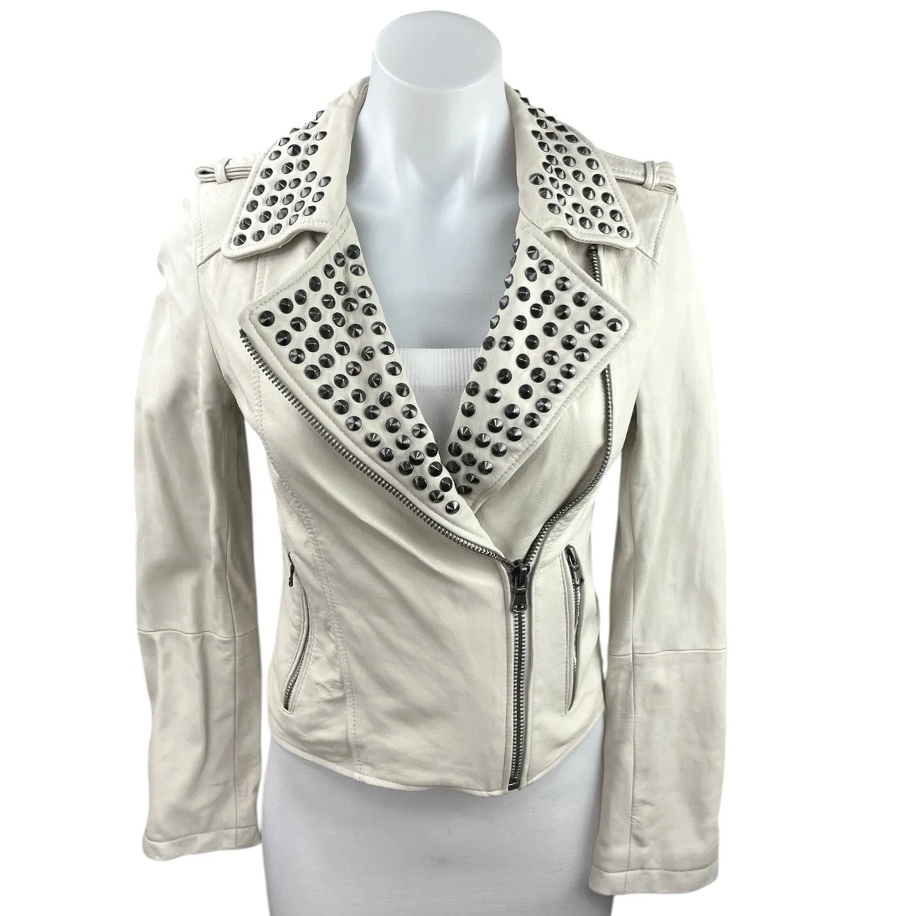 Forever 21 White Spike Stud Faux Vegan Leather Zip Biker Moto Coat Jacket Size S