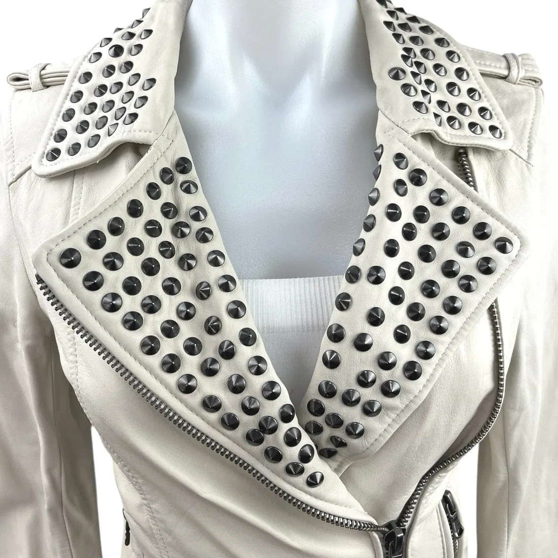 Forever 21 White Spike Stud Faux Vegan Leather Zip Biker Moto Coat Jacket Size S