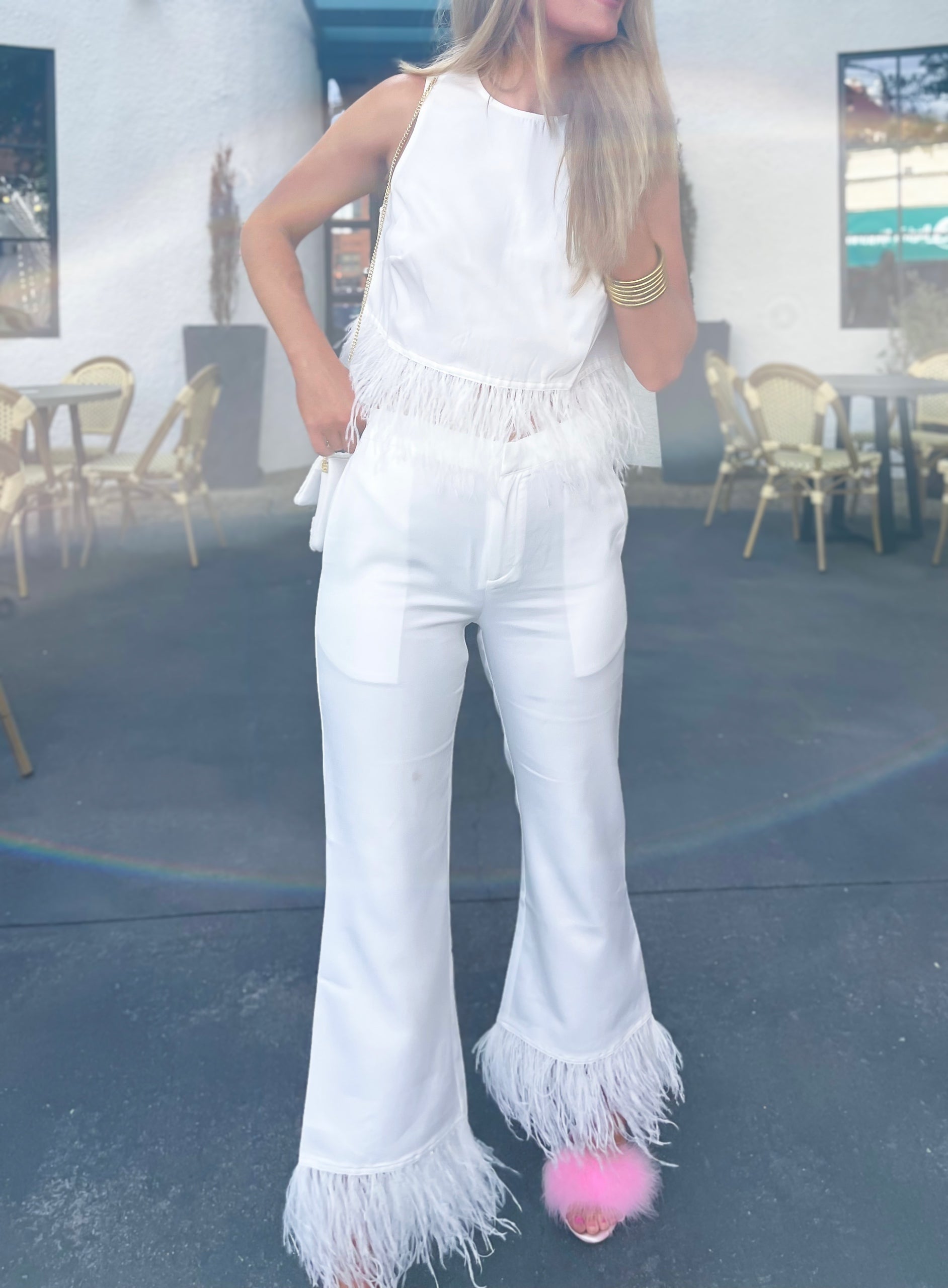 Fur Trim Flared Cropped Pants - Off White