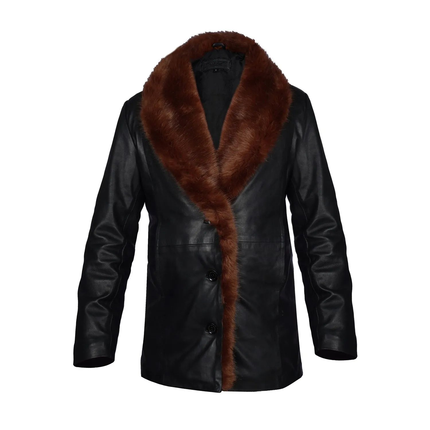 Furr Collar Leather Coat Jacket in Black Genuine Leather