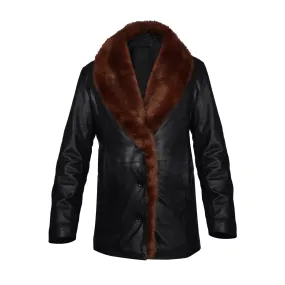 Furr Collar Leather Coat Jacket in Black Genuine Leather