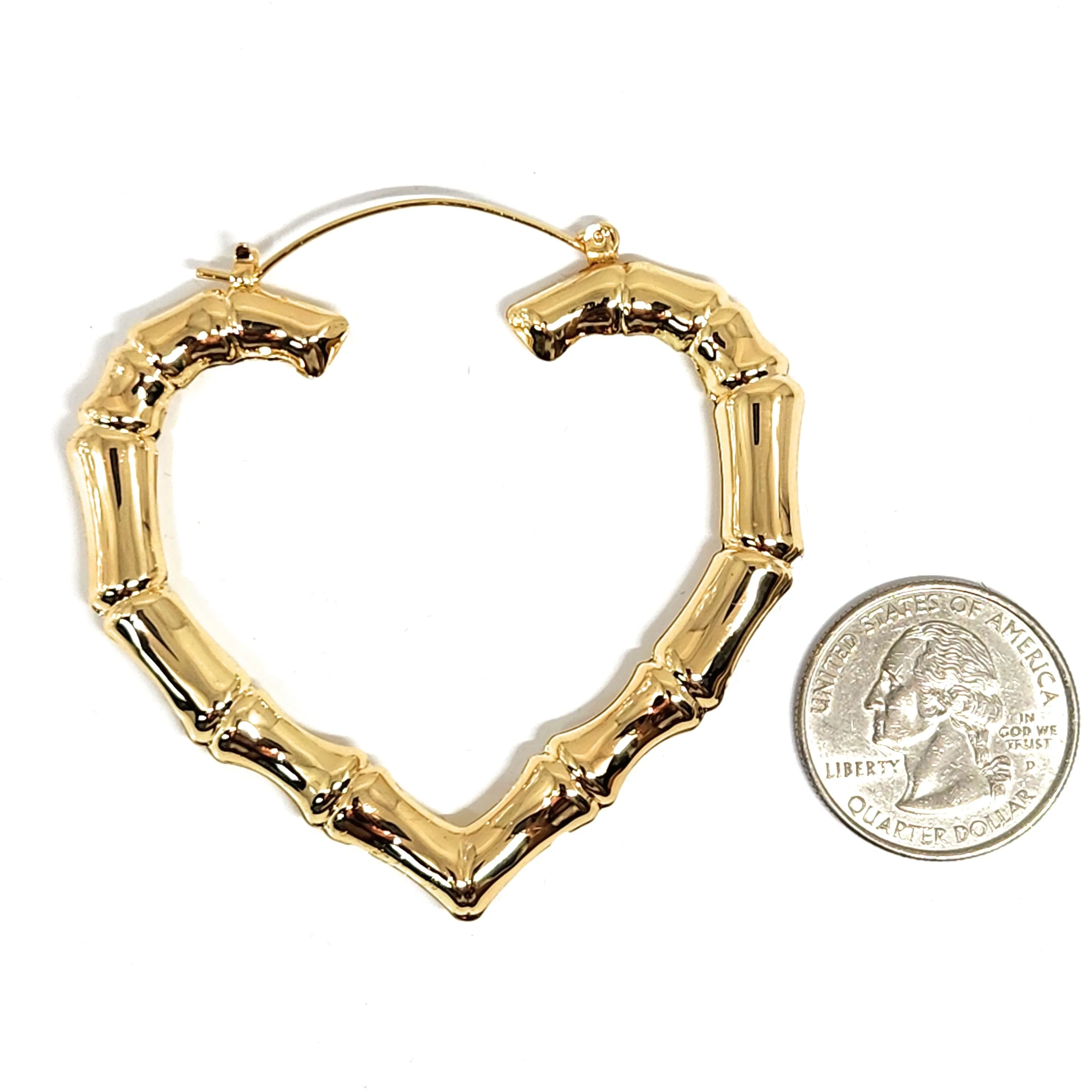 Gold Plated Bamboo Heart Hoop Earrings Aretes Arracadas (2.5 INCH)