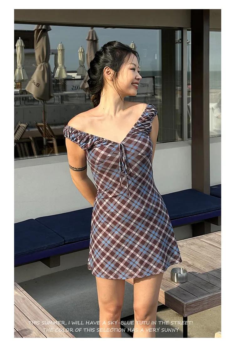 Grazelda Blue Plaid Retro V-neck Backless Off-the-Shoulder Wide Sleeve A-line Mini Dress