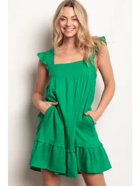 Green Ruffled Solid Linen Backless Mini Dress with Pockets