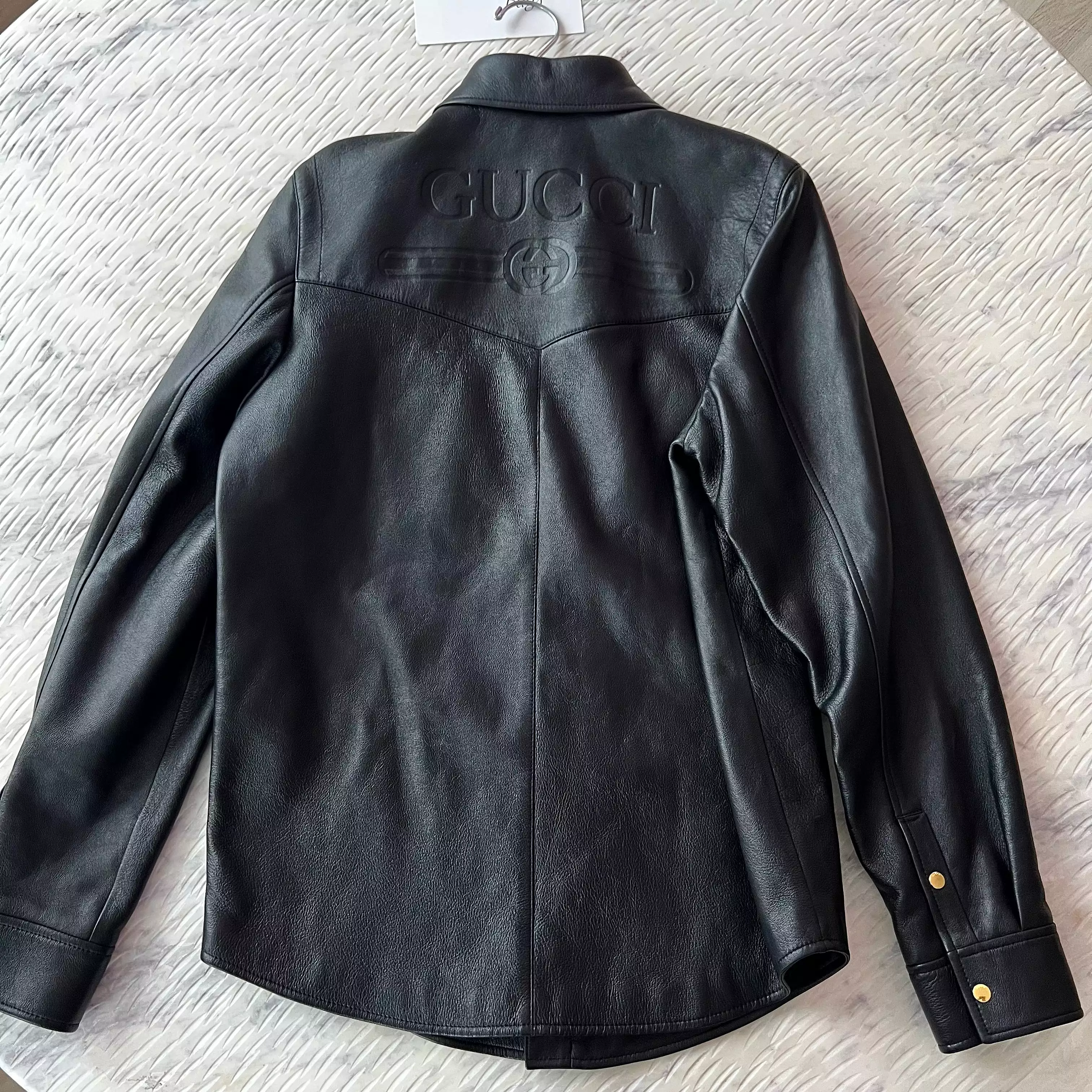 Gucci Black Lambskin Overshirt with Debossed Logo Jacket