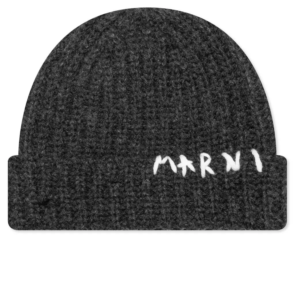 Hand Stitched Logo Ribbed Beanie - Dark Grey