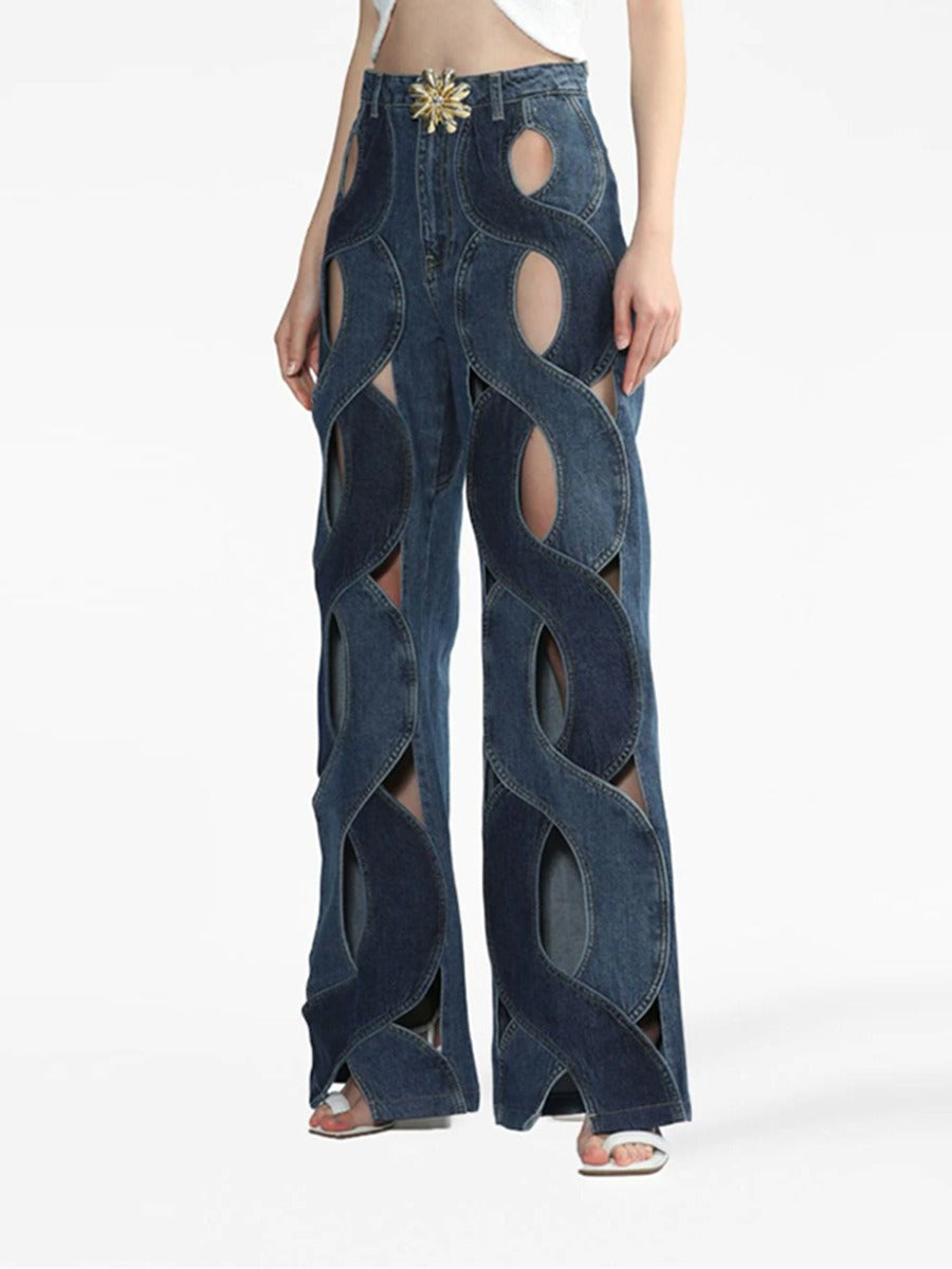 Hollow Twists Wide Contrast Metal High Waist Jeans