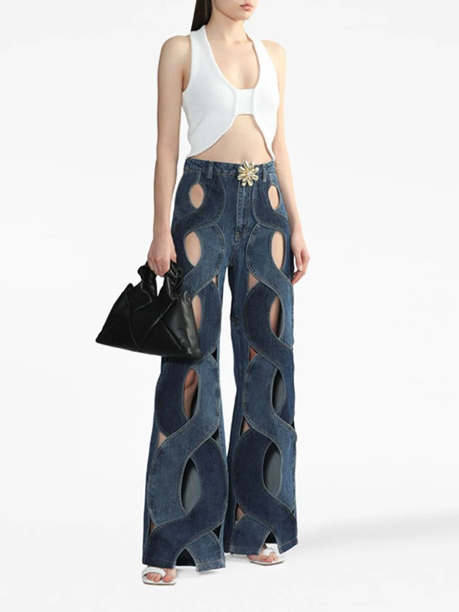 Hollow Twists Wide Contrast Metal High Waist Jeans