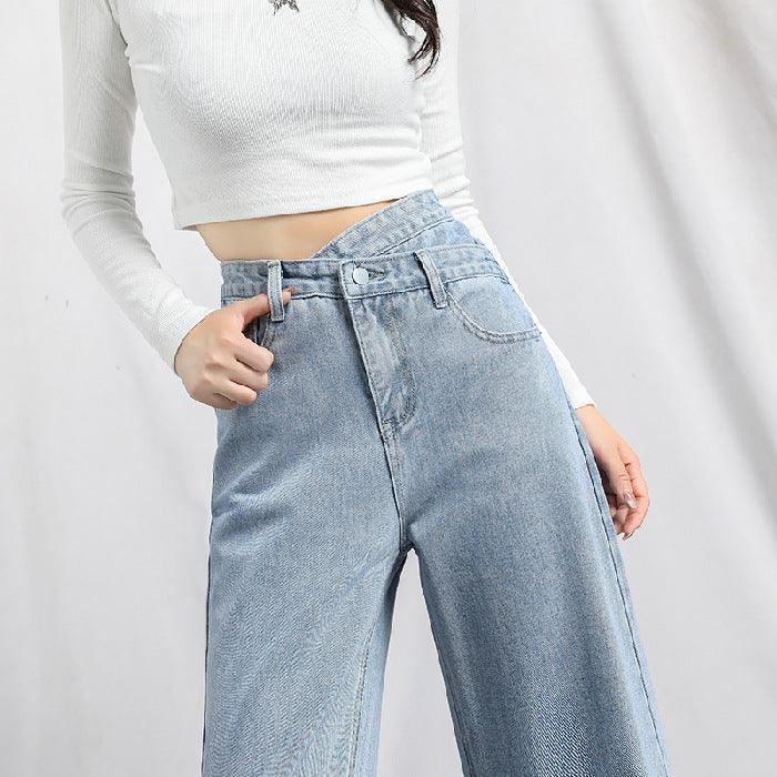 Irregular High Waist Slim Jeans Loose Straight Drapey Mopping