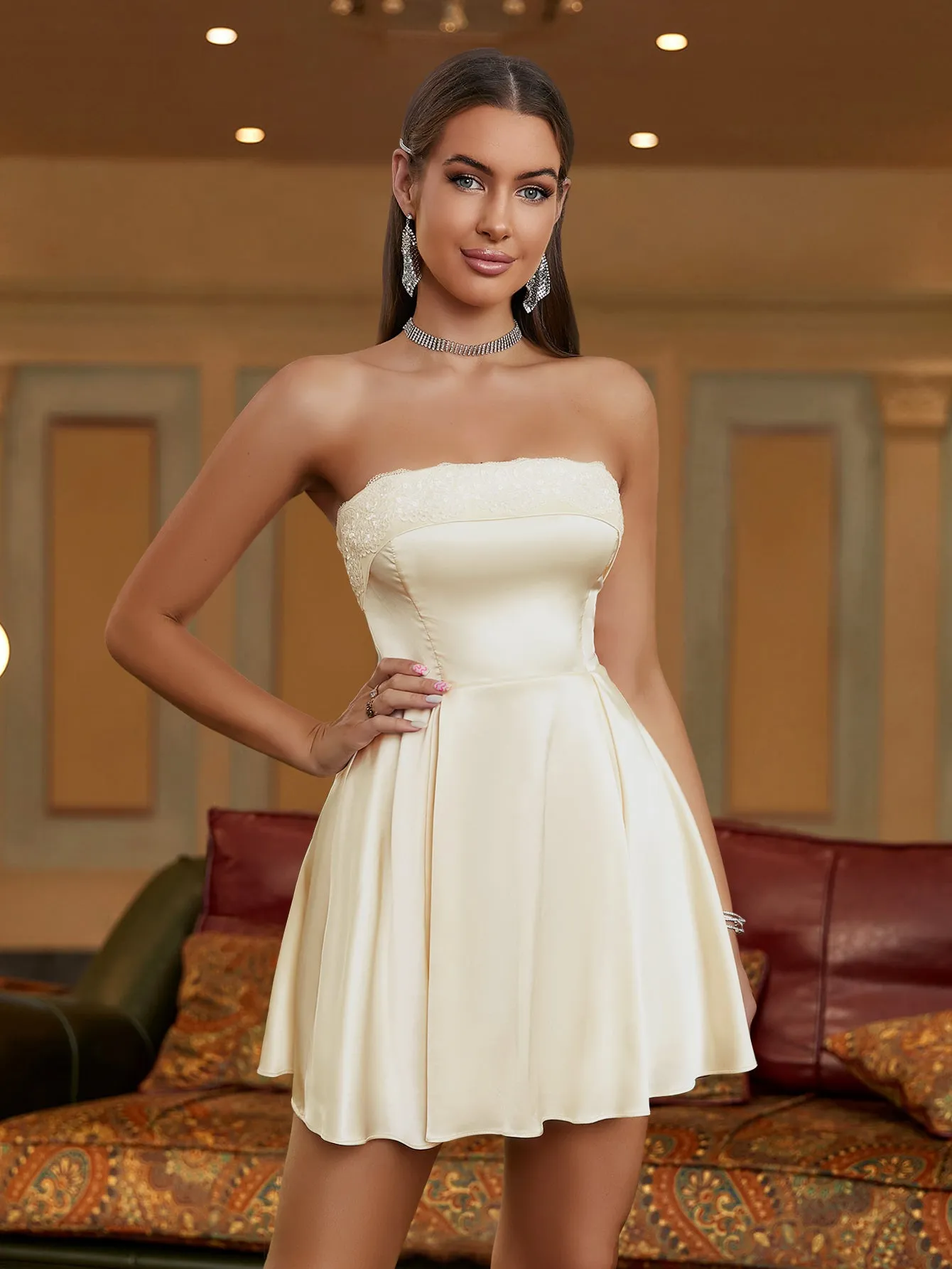 Lace Trim Satin Tube Backless Dress