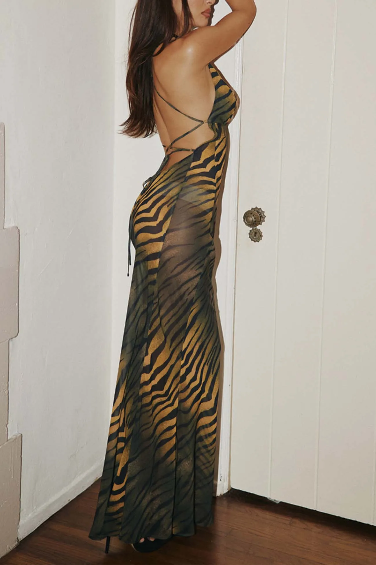 Leopard Backless Strappy Maxi Dress