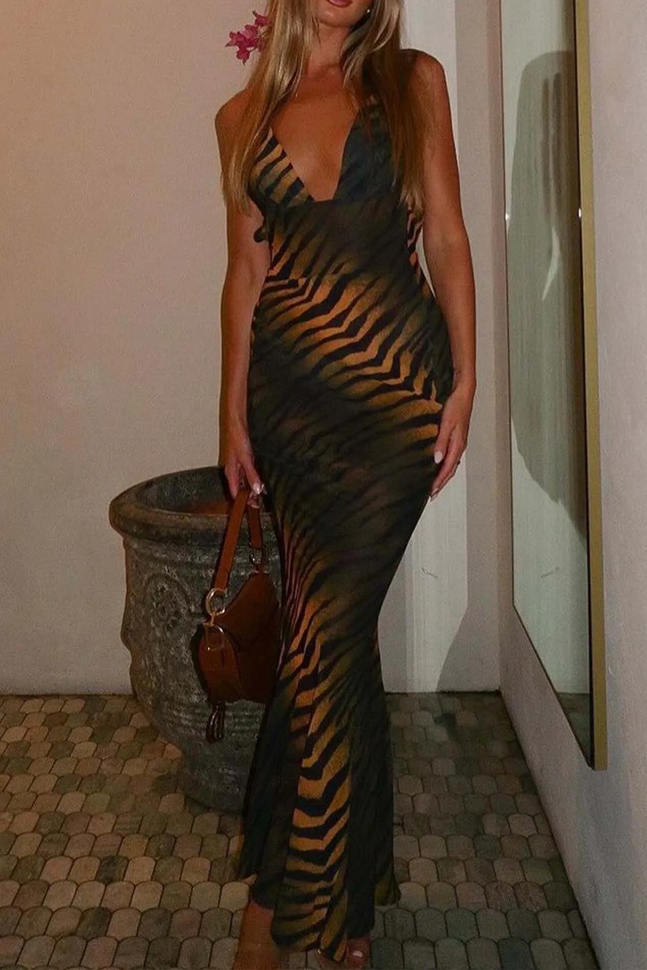 Leopard Backless Strappy Maxi Dress