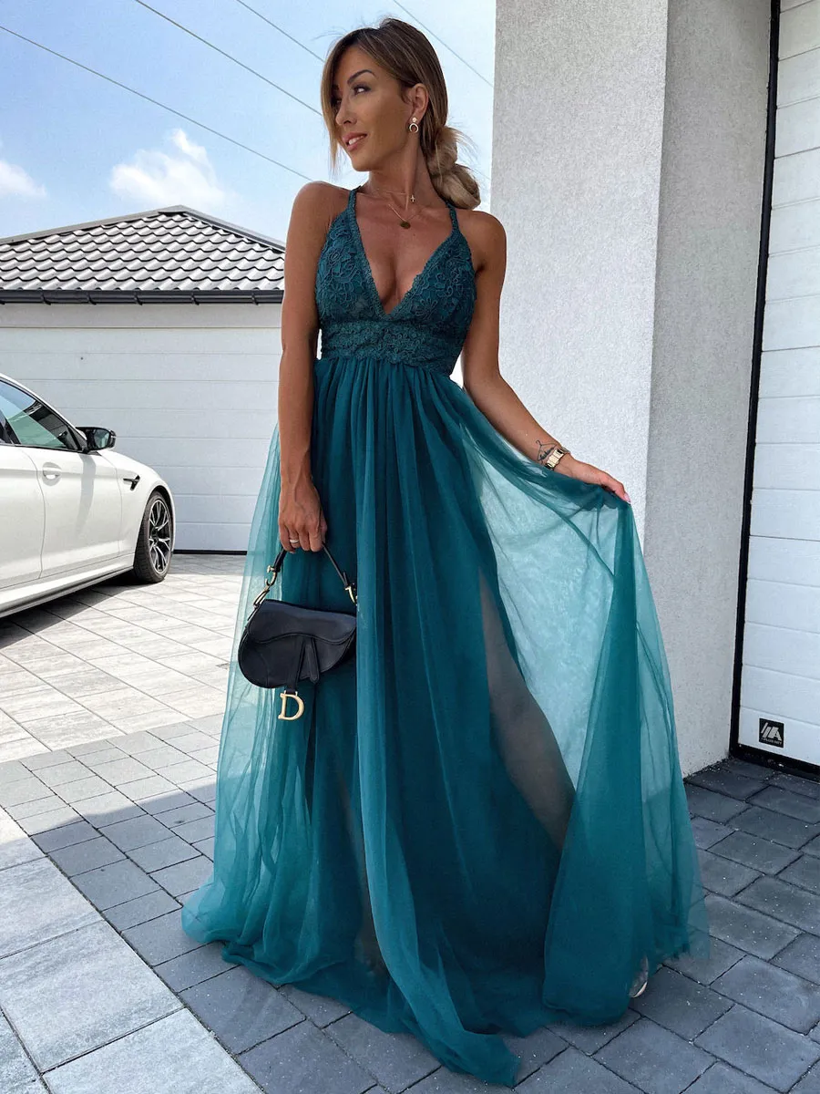 Long Party Dress V neck Backless A-line Split Green Slip Prom Dress For Women