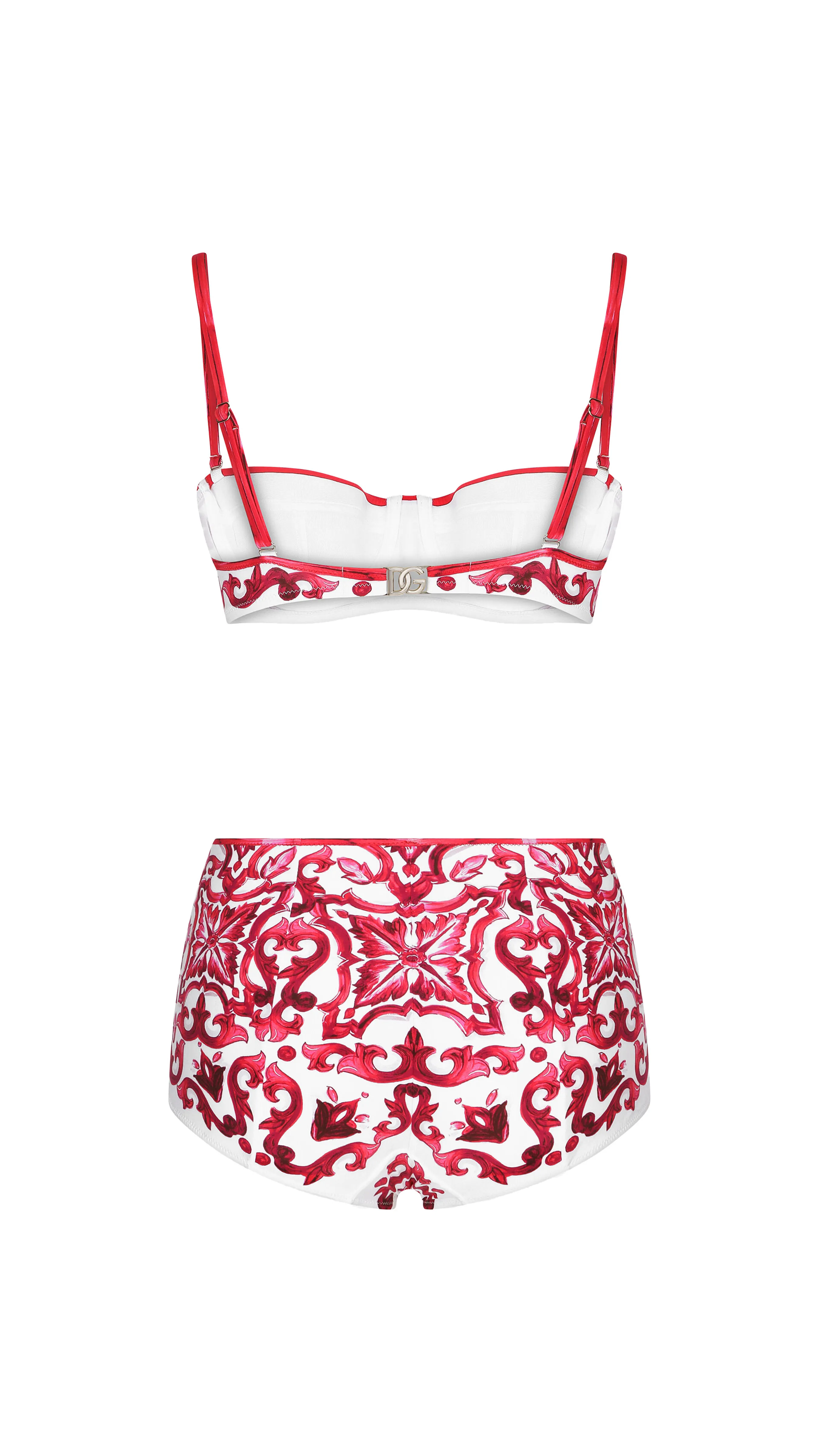 Majolica Print Balconette Bikini Top and Bottoms - White/Red