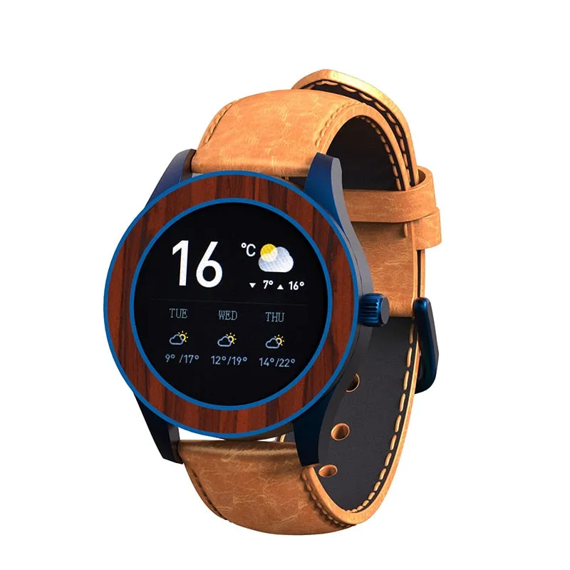 Men's Bamboo Case Bluetooth Heart Rate Sport Multifunction Smartwatch