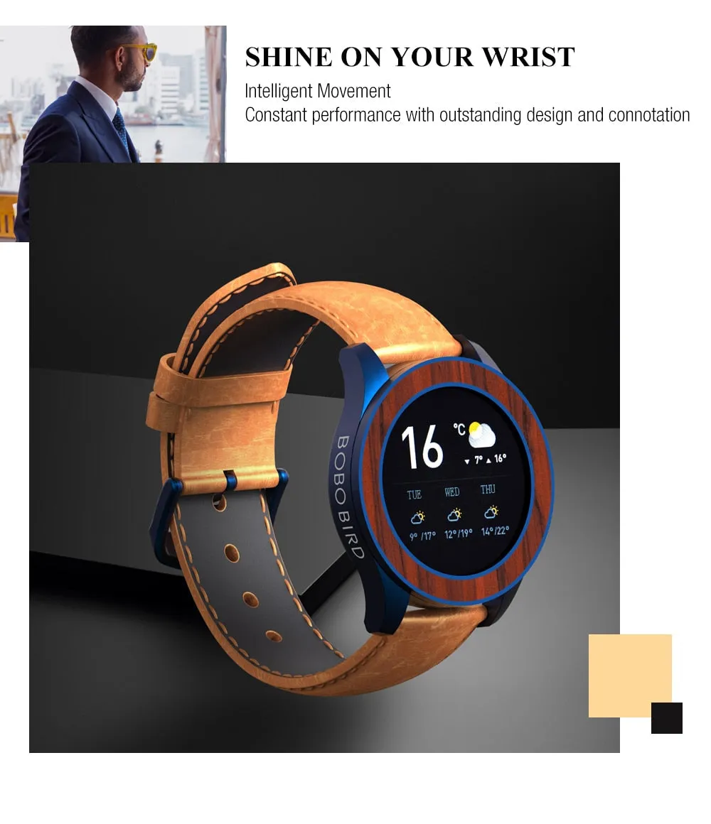 Men's Bamboo Case Bluetooth Heart Rate Sport Multifunction Smartwatch