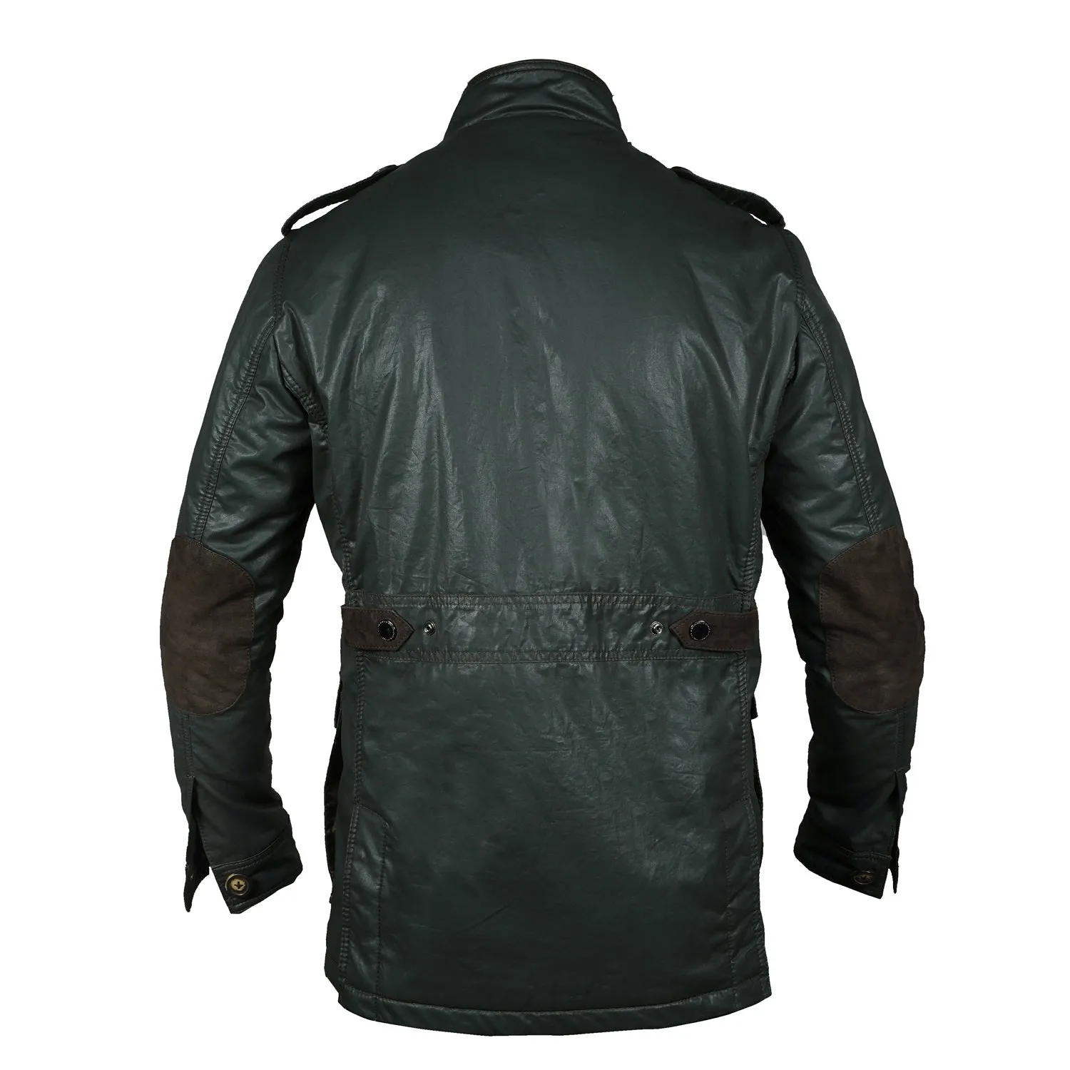 Men's Green Coat & Jacket with Contrasting Waxy Cotton and Leather Trims,