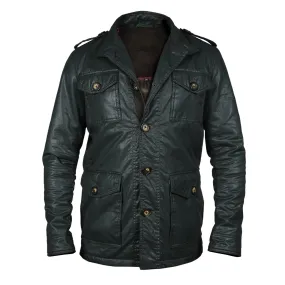 Men's Green Coat & Jacket with Contrasting Waxy Cotton and Leather Trims,