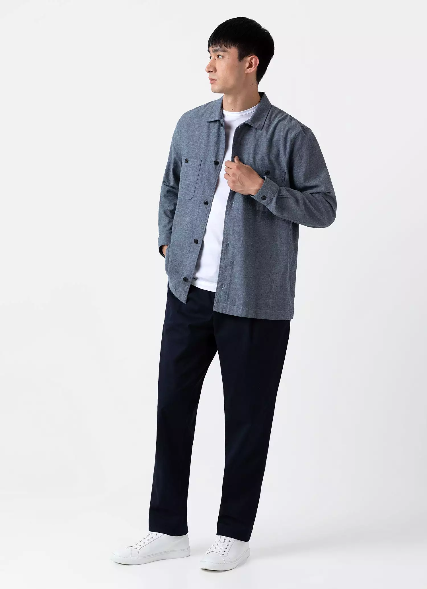 Men's Japanese Chambray Overshirt in Mid Blue Chambray