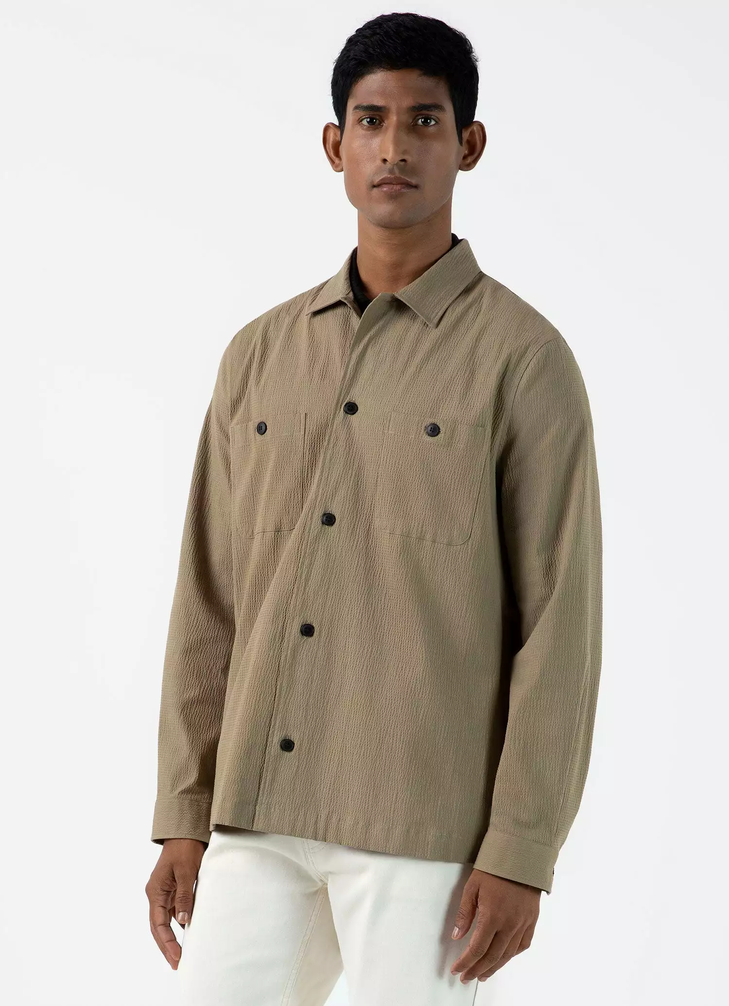 Men's Seersucker Overshirt in Dark Stone