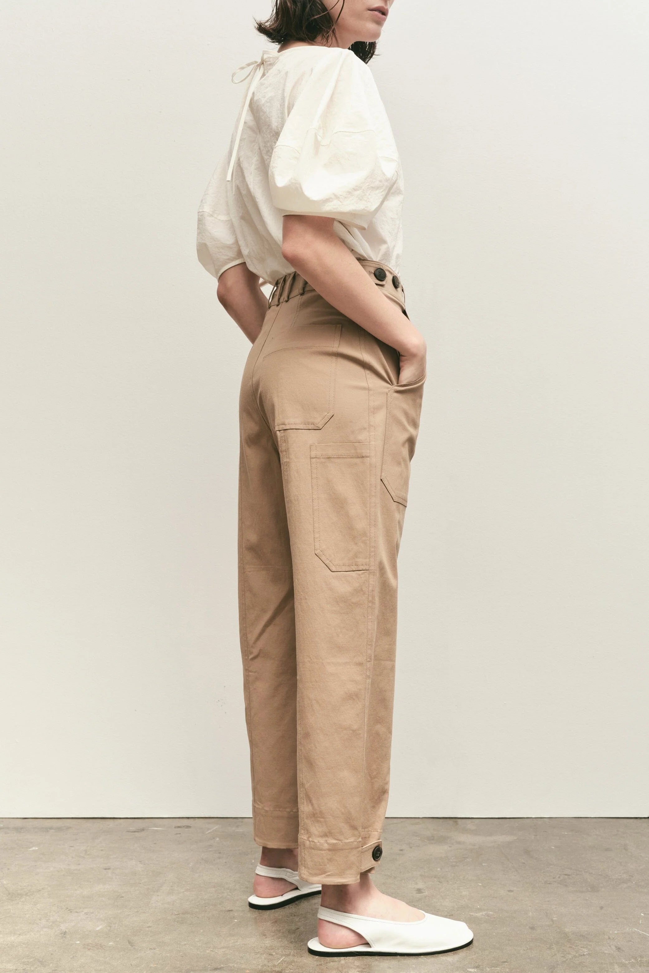 Mijeong Park Cropped Workwear Pants in Camel