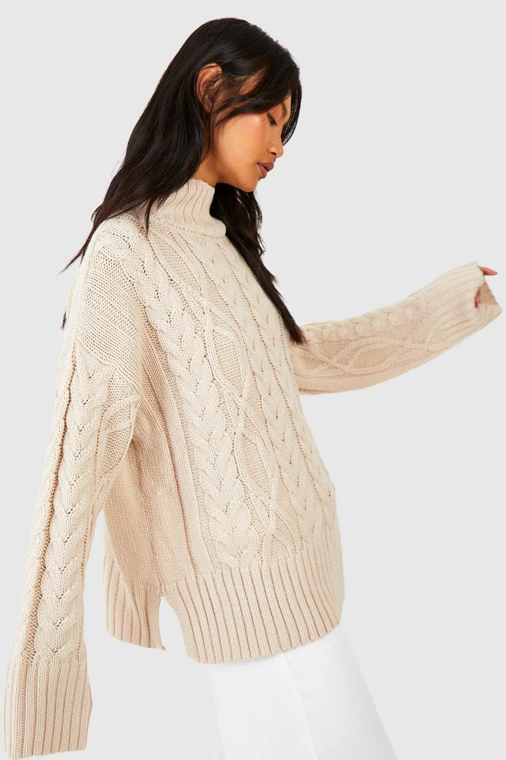 Mixed Cable High Neck Knitted Sweater