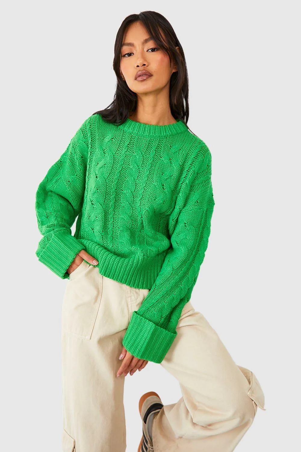 Mixed Cable Turn Up Cuff Knitted Crew Neck Sweater