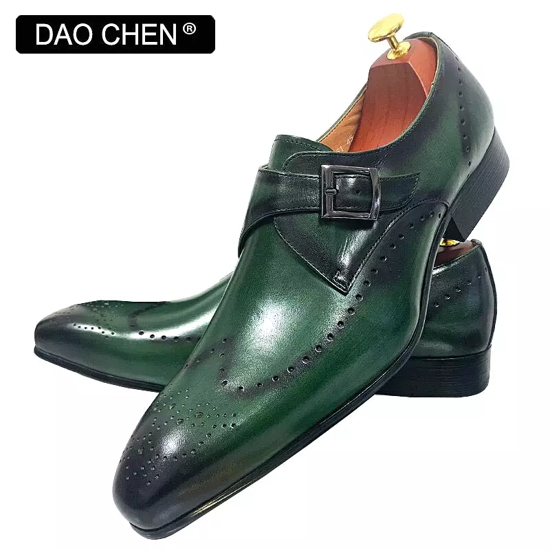 MONK STRAP SHOES BLACK GREEN WINGTIP GENUINE LEATHER MENS DRESS SHOES