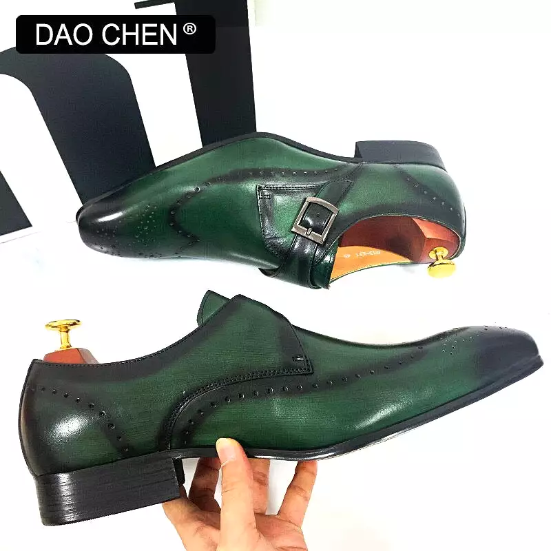 MONK STRAP SHOES BLACK GREEN WINGTIP GENUINE LEATHER MENS DRESS SHOES